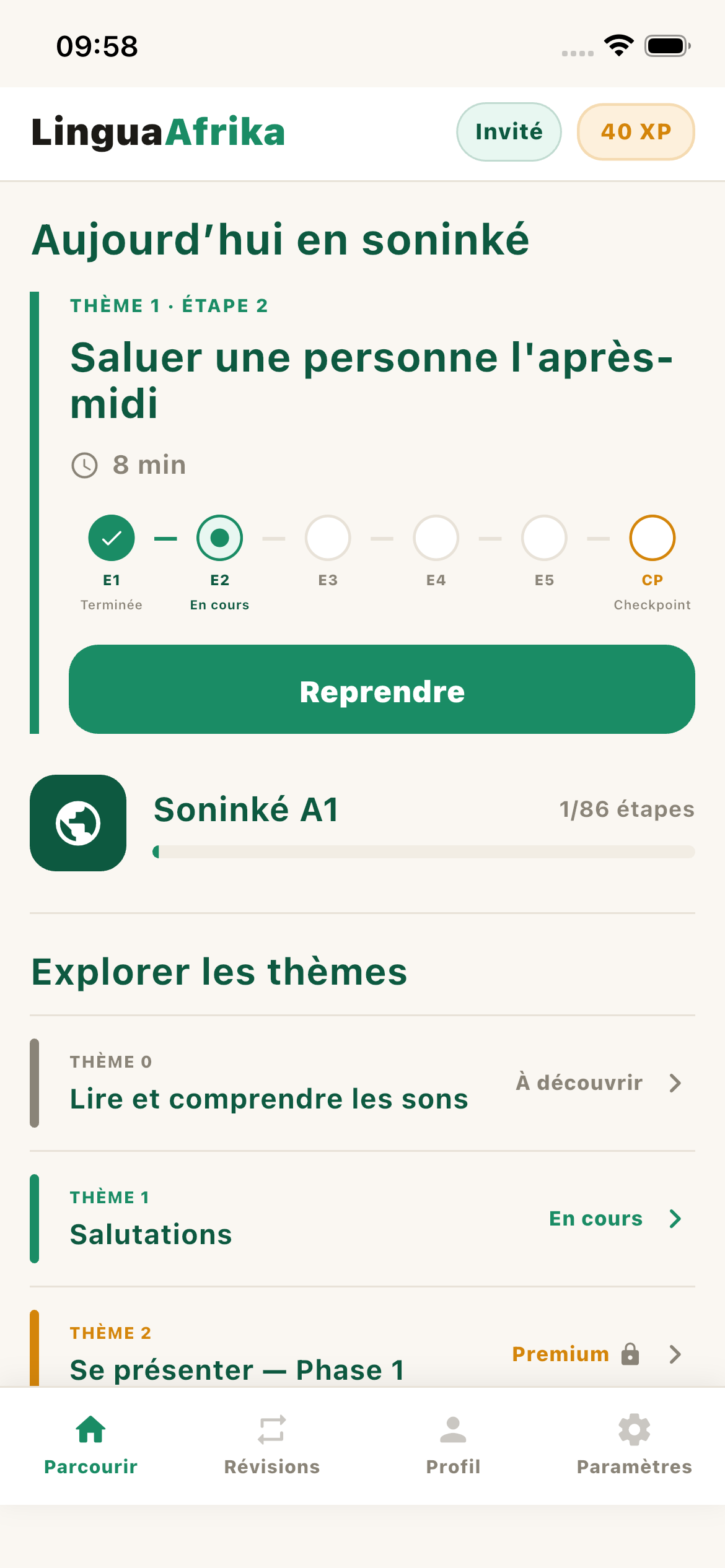 Écran d'accueil LinguAfrika avec la progression Soninké A1 et les thèmes
