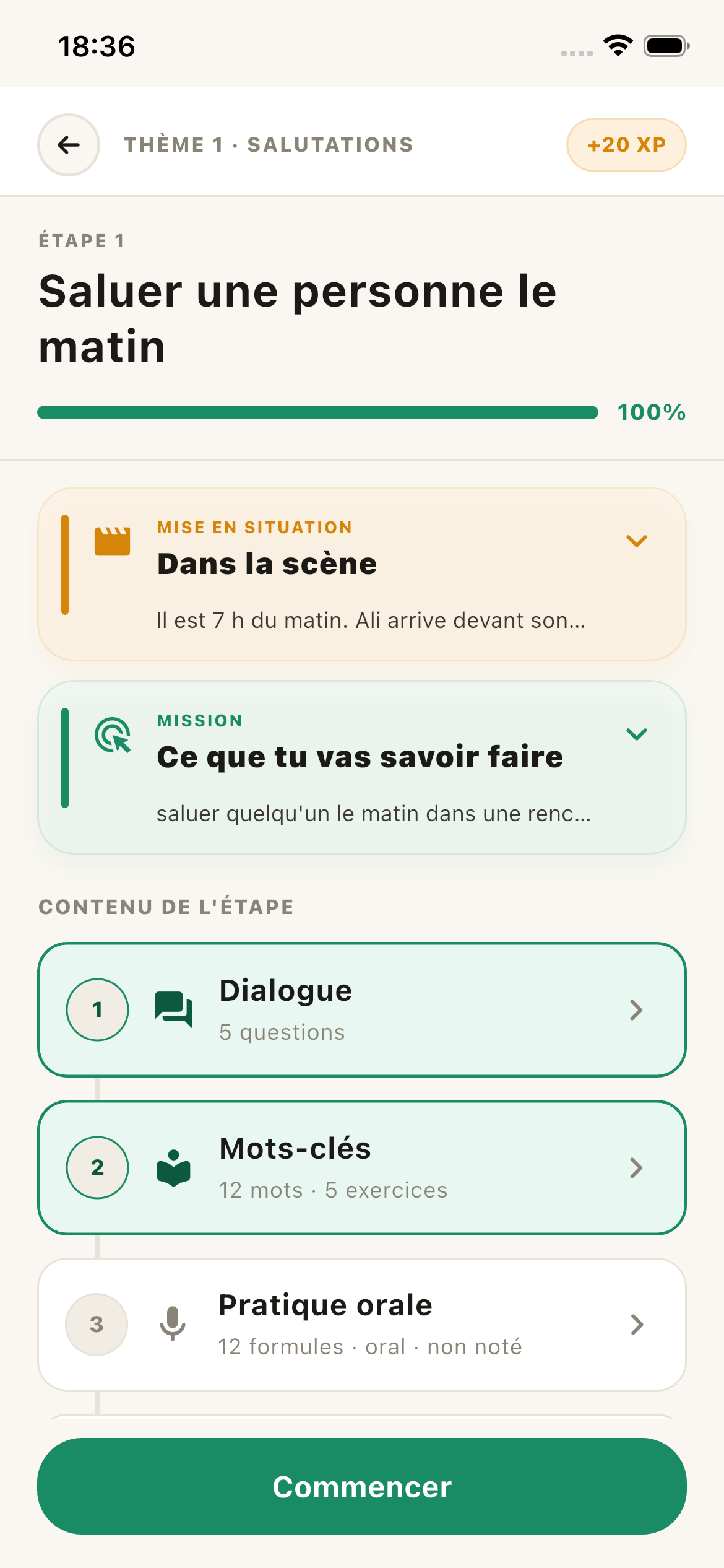 Écran d'une étape LinguAfrika avec mise en situation, mission et contenu guidé