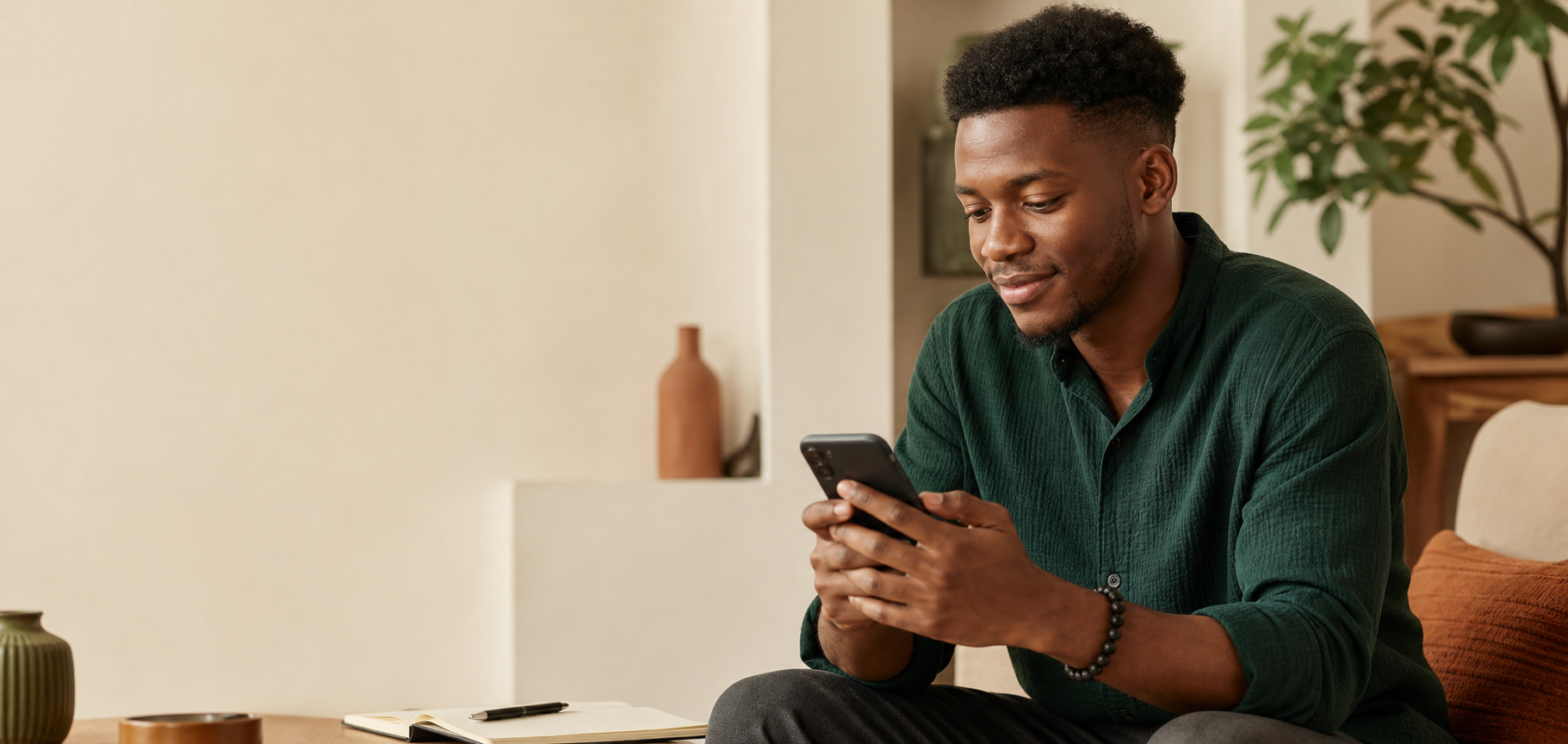 Jeune homme apprenant une langue sur son téléphone, un carnet posé près de lui